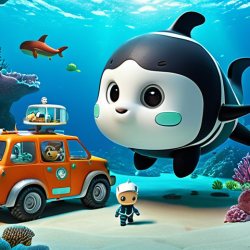 Home 4 **Octonauts team rescuing a lost baby whale:** The Octonauts crew (Captain Barnacles, Kwazii, and Peso) in their Gup-A vehicle, helping a small lost whale calf in a vibrant coral reef environment. Emphasize the team's teamwork and the colorful marine life.