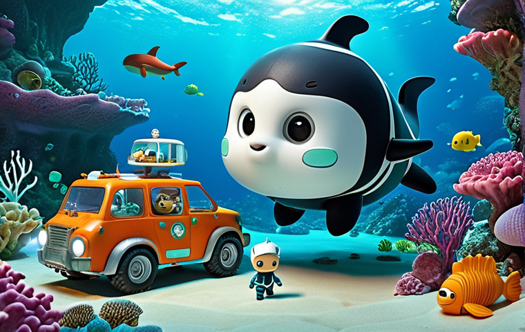 **Octonauts team rescuing a lost baby whale:** The Octonauts crew (Captain Barnacles, Kwazii, and Peso) in their Gup-A vehicle, helping a small lost whale calf in a vibrant coral reef environment. Emphasize the team's teamwork and the colorful marine life.