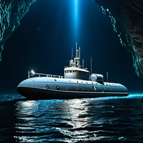Home 28 A professional, state-of-the-art deep-sea piloted submersible, similar to a modern bathyscaphe, descending gracefully through the ultra-deep ocean. Powerful, focused LED spotlights emanate from the vessel, illuminating ancient rock formations on the seabed and strange, ethereal bioluminescent marine life in the dark water. The submersible's robust pressure hull and intricate external sensor array are clearly visible. The overall scene conveys the serene mystery and immense pressure of the deep, focusing on scientific exploration. Professional photography, high detail, hyperrealistic, cinematic lighting, perfect anatomy, correct proportions, natural pose, well-formed hands (if any are implied on internal controls, fully clothed), proper finger count, natural body proportions. safe for work, appropriate content, fully clothed, professional.