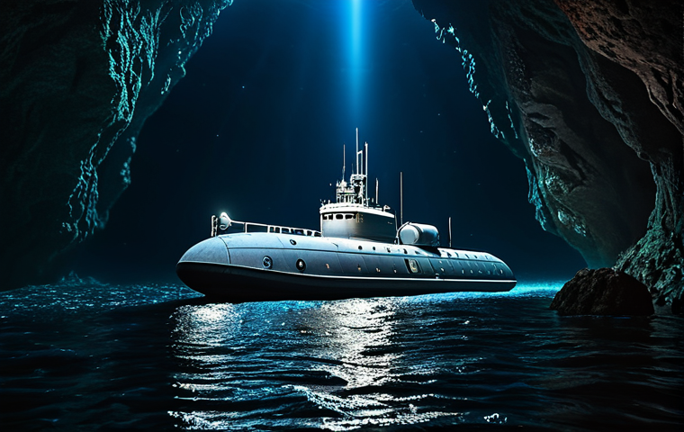 A professional, state-of-the-art deep-sea piloted submersible, similar to a modern bathyscaphe, descending gracefully through the ultra-deep ocean. Powerful, focused LED spotlights emanate from the vessel, illuminating ancient rock formations on the seabed and strange, ethereal bioluminescent marine life in the dark water. The submersible's robust pressure hull and intricate external sensor array are clearly visible. The overall scene conveys the serene mystery and immense pressure of the deep, focusing on scientific exploration. Professional photography, high detail, hyperrealistic, cinematic lighting, perfect anatomy, correct proportions, natural pose, well-formed hands (if any are implied on internal controls, fully clothed), proper finger count, natural body proportions. safe for work, appropriate content, fully clothed, professional.