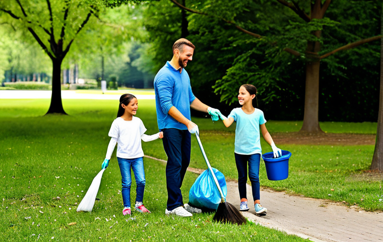 Eco-Conscious Family Activity**

"A family of four, fully clothed in appropriate outdoor attire, participating in a park cleanup, picking up litter with smiles, safe for work, perfect anatomy, natural proportions, bright sunny day, focus on teamwork, family-friendly, professional photography, high quality, appropriate content, modest clothing."

**