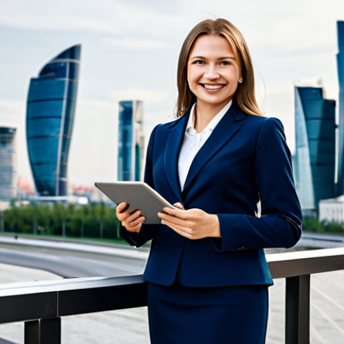 Home 12 Successful Businesswoman**
A professional businesswoman in a stylish, modest business suit (skirt and jacket), standing confidently in front of the Moscow City skyline. She is holding a tablet, smiling slightly. The image should convey success and competence. Fully clothed, appropriate attire, safe for work, perfect anatomy, natural proportions, professional photograph, high quality. Family-friendly.
**