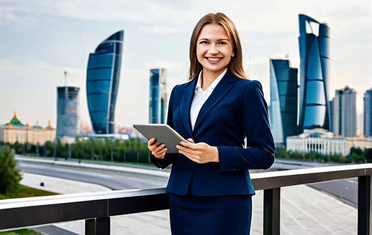Successful Businesswoman**

A professional businesswoman in a stylish, modest business suit (skirt and jacket), standing confidently in front of the Moscow City skyline. She is holding a tablet, smiling slightly. The image should convey success and competence. Fully clothed, appropriate attire, safe for work, perfect anatomy, natural proportions, professional photograph, high quality. Family-friendly.

**