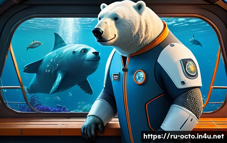 옥토넛 캐릭터 이름 유래 - A highly detailed, vibrant illustration of Captain Barnacles, a strong and reliable polar bear, stan...
