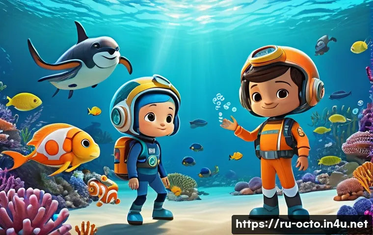 옥토넛 글로벌 팬덤 현황 - A vibrant, detailed underwater scene featuring the Octonauts crew exploring a colorful coral reef te...
