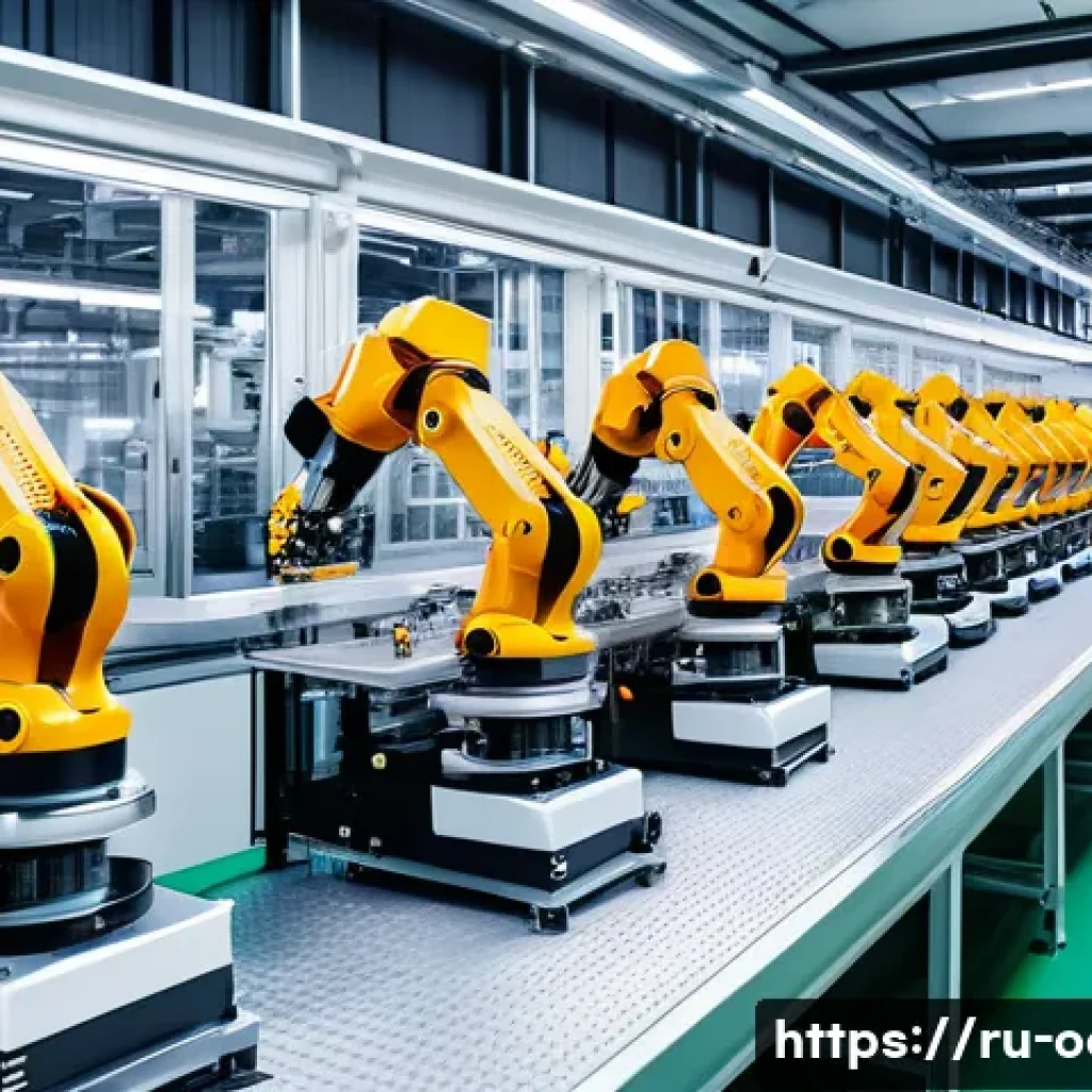 옥토넛 주요 장비와 기술 해부 - A modern industrial production line with advanced robotics performing precise assembly tasks; sleek,...