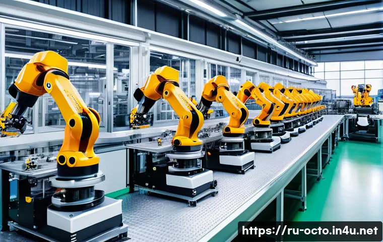 옥토넛 주요 장비와 기술 해부 - A modern industrial production line with advanced robotics performing precise assembly tasks; sleek,...
