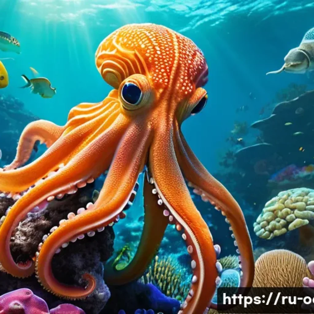 옥토넛의 과학적 사실과 허구 - A colorful underwater scene featuring realistic octopuses wearing protective underwater suits, each ...
