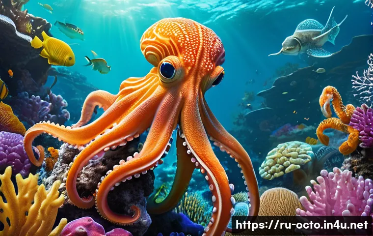옥토넛의 과학적 사실과 허구 - A colorful underwater scene featuring realistic octopuses wearing protective underwater suits, each ...