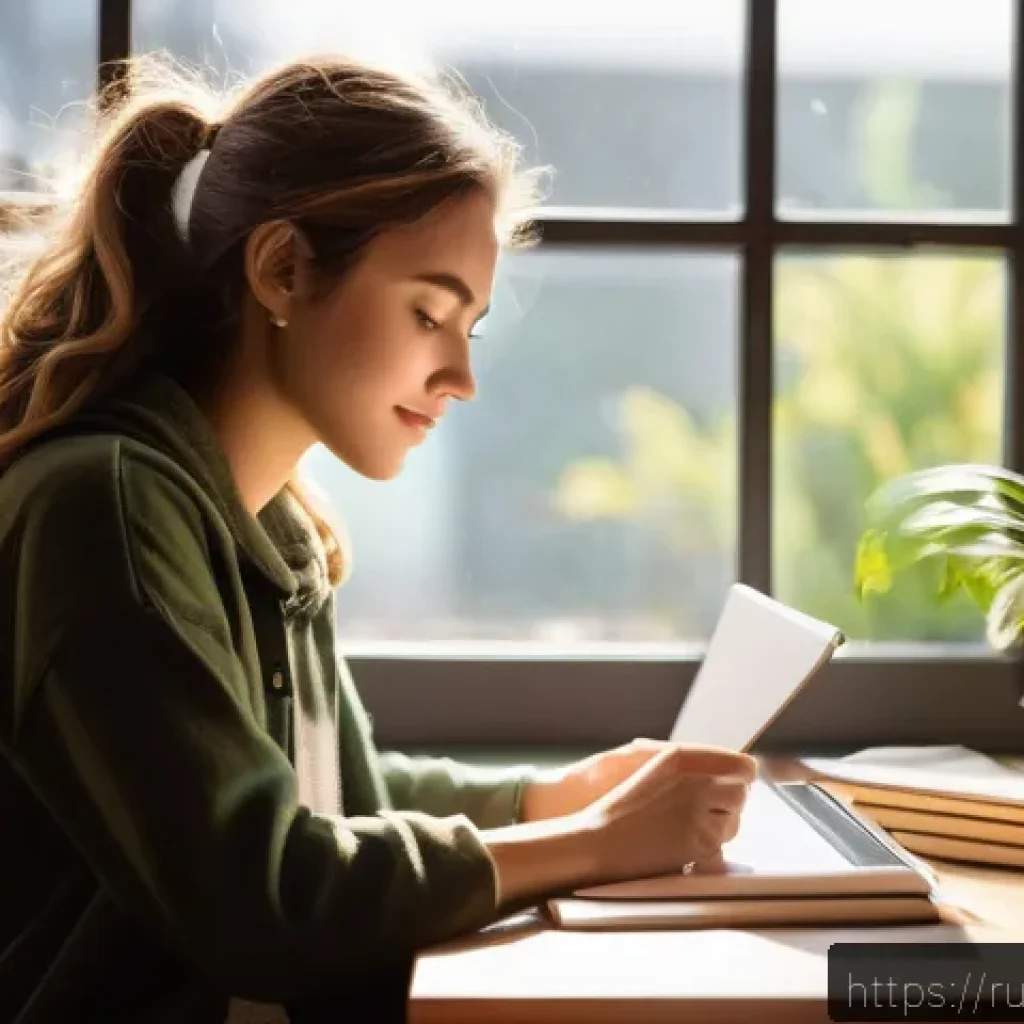 옥토넛 퀘이지의 도전정신 - A vibrant and inspiring scene of a young adult woman sitting at a cozy, sunlit desk filled with book...