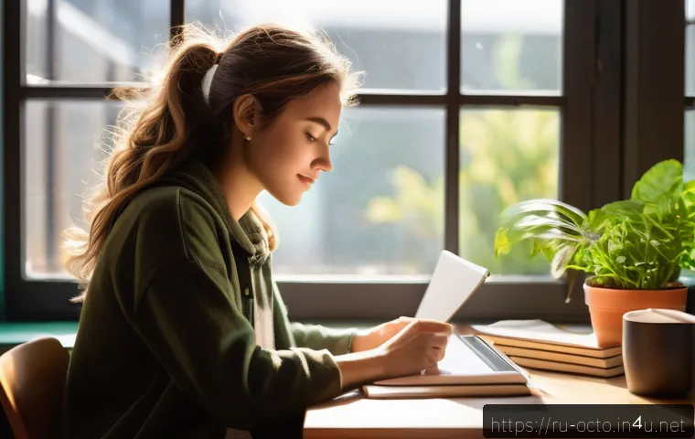 옥토넛 퀘이지의 도전정신 - A vibrant and inspiring scene of a young adult woman sitting at a cozy, sunlit desk filled with book...