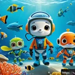 Home 19 옥토넛 해양 생물 보호 캠페인 - A vibrant underwater scene featuring the Octonauts team—diverse, friendly characters wearing colorfu...