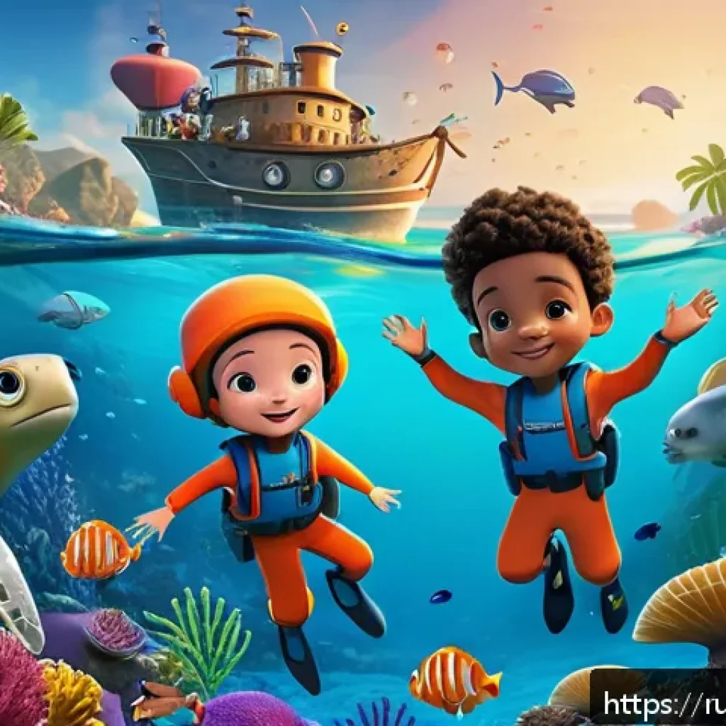 옥토넛 애니메이션의 팬층 연령대 - A vibrant underwater scene featuring a diverse group of animated octonaut characters, including a br...