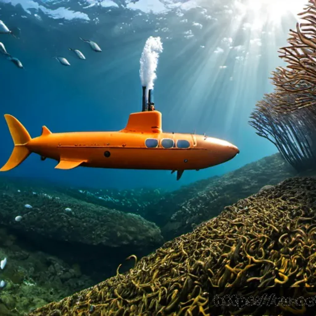 옥토넛 주요 모험 배경지 정보 - Photorealistic underwater adventure scene in the Russian Far East, a sleek orange deep-sea explorati...
