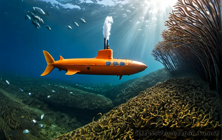 옥토넛 주요 모험 배경지 정보 - Photorealistic underwater adventure scene in the Russian Far East, a sleek orange deep-sea explorati...