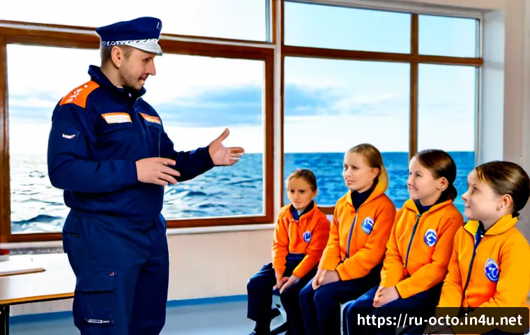옥토넛과 해양 재난 교육 - Photorealistic marine disaster education workshop in a bright Russian coastal elementary classroom, ...