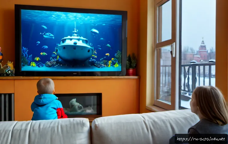 옥토넛과 비슷한 애니메이션 비교 - Photorealistic cozy Russian family living room in winter, a parent and two children seated on a sofa...