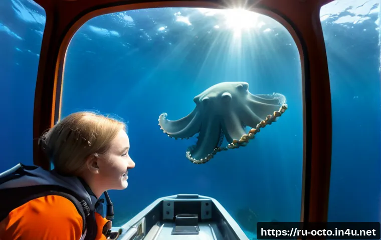 옥토넛 해양생물 교육적 요소 - Photorealistic underwater marine education scene, a friendly Russian ocean researcher inside a small...